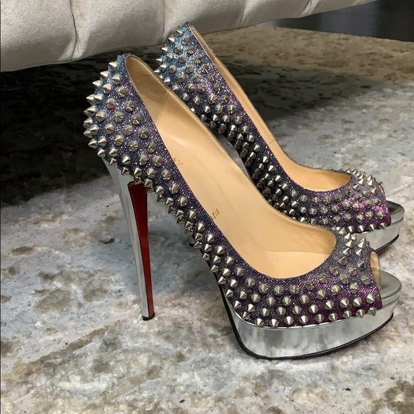 Christian Louboutin Lady Peep Spike Silver SZ 38.5 - Picture 5 of 8